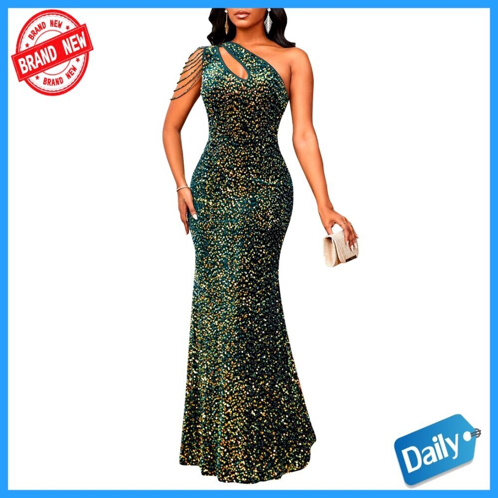 Sequin Mermaid Evening Dress Elegant One Shoulder Tassel Formal Gown